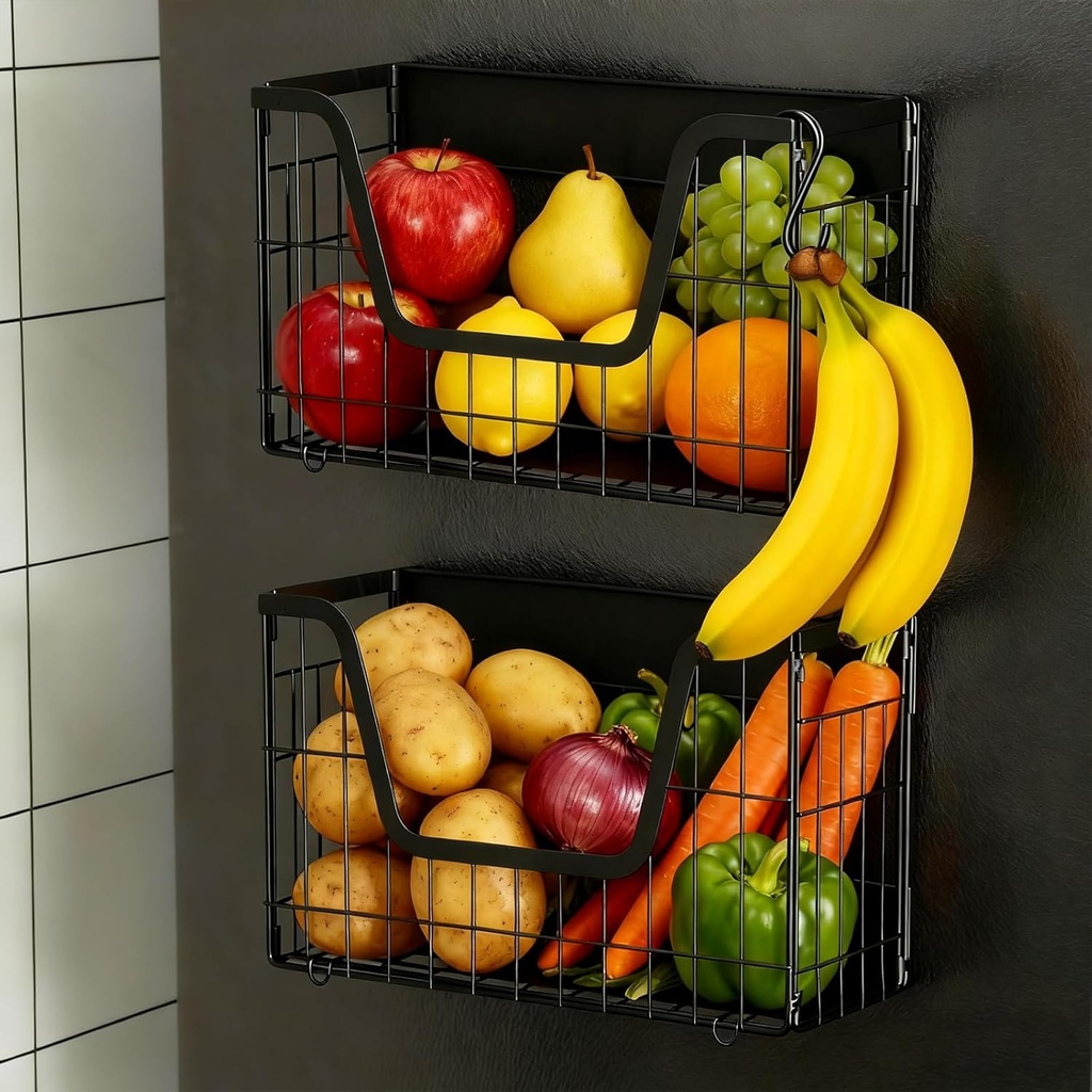 2 Set Magnetic Shelf for Fridge, Fruit Potato and Onion Storage Bins, Pantry Organizers & Storage, Large Magnetic Container Basket Spice Rack for Refrigerator, Kitchen Counter, Cabinet