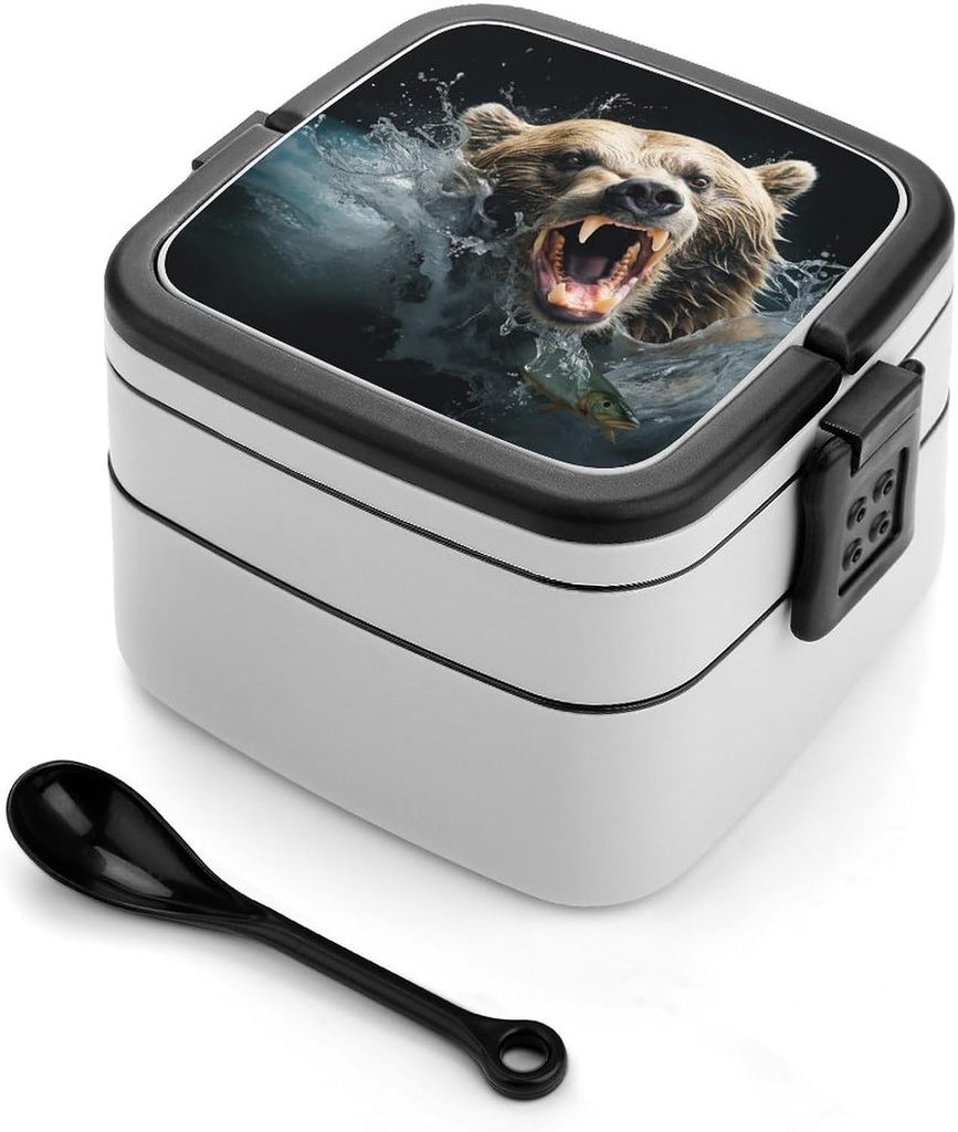 Bear Holding Fish Stackable Bento Box Double-layered Leak-Proof Lunch Box 1L Capacity Portable Lunchbox Durable Drop-Proof for Work Picnic Travel