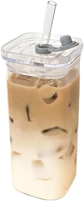 PEKJI Square handleless heat-resistant glass cup home drinking cup transparent tea cup juice mug ice coffee glasses 400ml, With straw