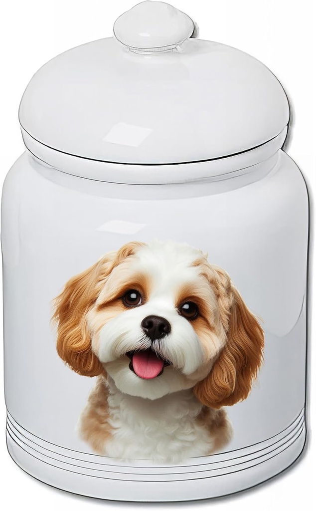 Best of Breed Cavachon Dog and Cat Ceramic Treat Jar 9" Tall Air Tight Seal All White