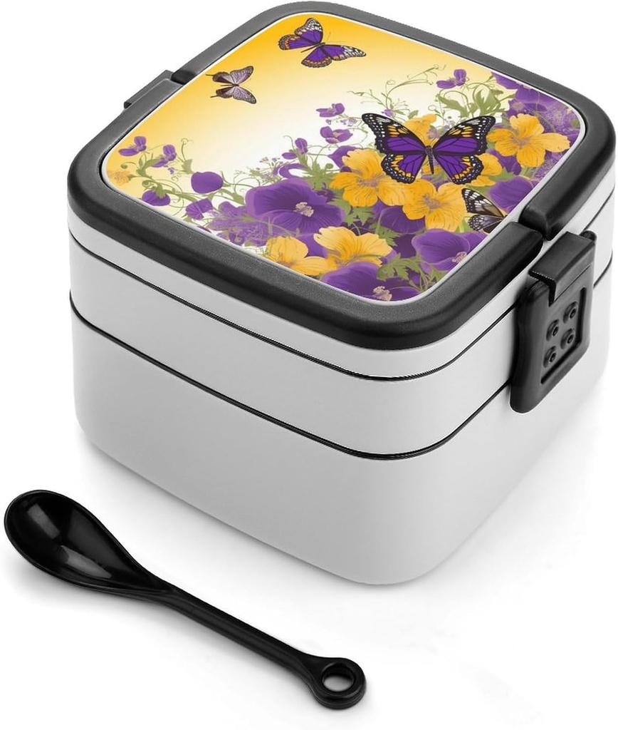 Purple Yellow Floral Butterflies Bento Box Adult Lunch Box All-in-One Lunch Containers with Removable Compartments Double Layer Bento Lunch Box with Spoon And Handle Stackable Lunchbox