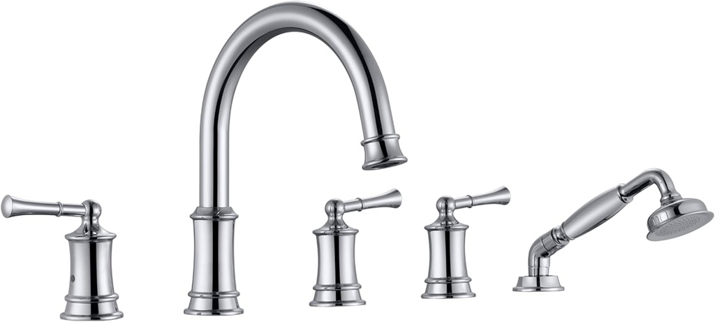 Roman Tub Faucet with Hand Shower, Antique Tub Shower Faucet Set with Valve for 5 Hole, Deck Mount 3 Handle Bathtub Filler High Flow, Polished Chrome(B2309-CP)