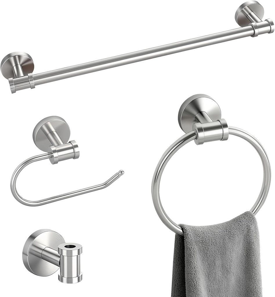 Brushed Nickel Towel Bar Set 4 Piece, Bathroom Hardware Set SUS304 Stainless Steel, Bathroom Towel Holder Rack Set Wall Mount, Including 24Inch Towel Bar, Toilet Paper Holder, Towel Ring, Towel Hook
