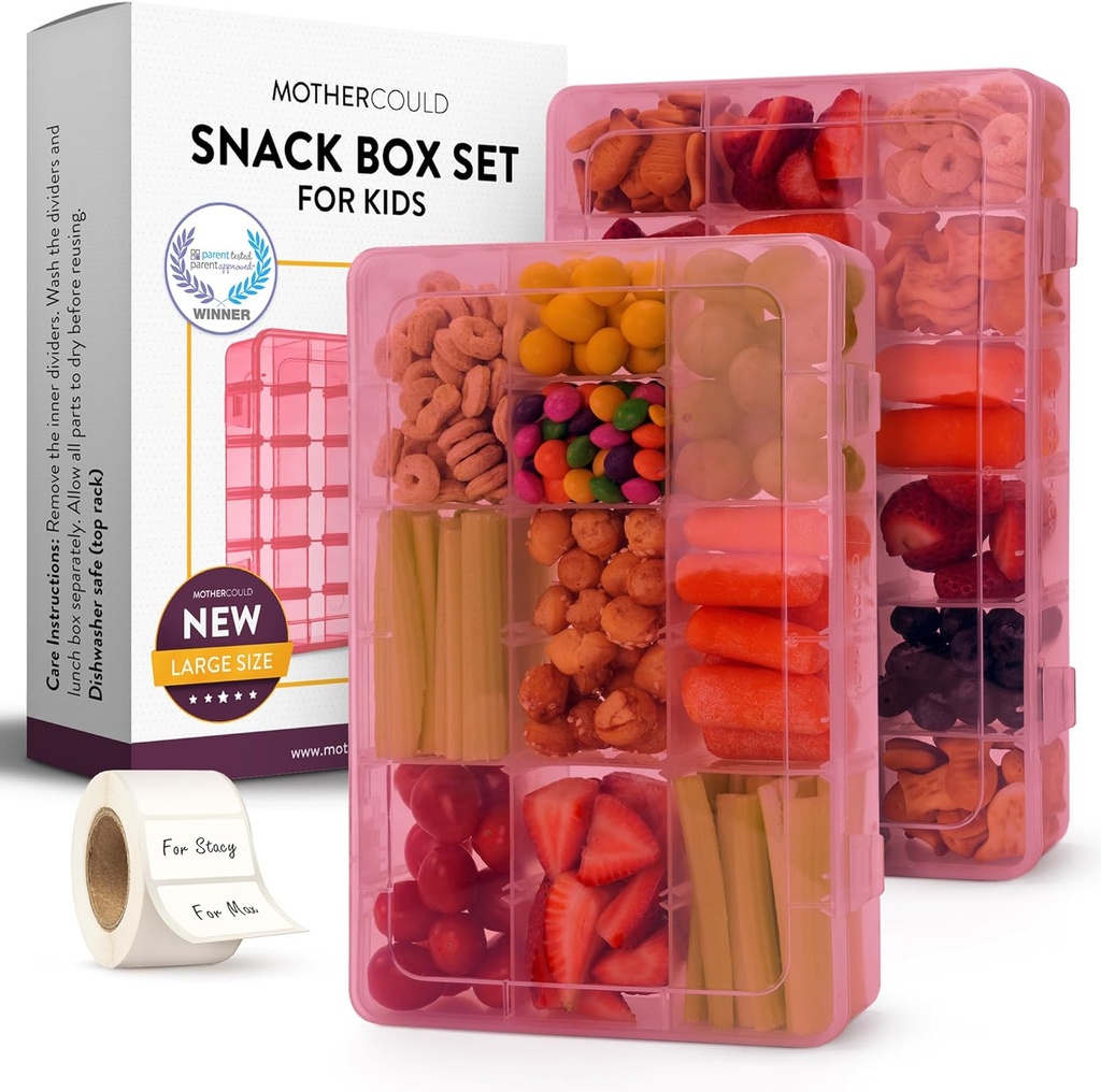 Large Kids Snack Box Containers Set of 2 -100 Labels, BPA-Free, Adjustable Compartments, Dishwasher Safe, Reusable Tray, Food Grade, Meal Prep Container, PARENT TESTED PARENT APPROVED AWARD (Pink)