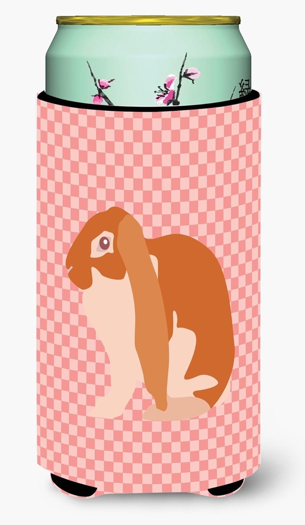 Caroline's Treasures BB7962TBC English Lop Rabbit Pink Check Tall Boy Hugger Can Cooler Sleeve Hugger Machine Washable Drink Sleeve Hugger Collapsible Insulator Beverage Insulated Holder