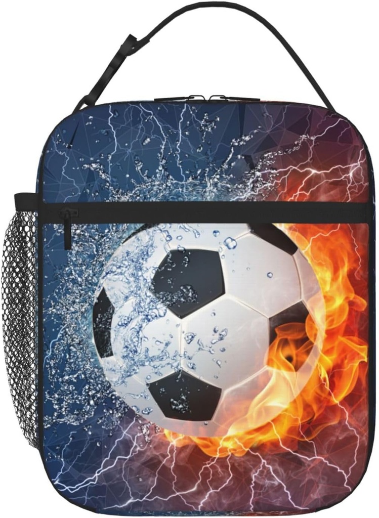 Soccer Lunch Box Sports-themed Lunch Bag for Kids Teens Boys Girls, Insulated Leakproof Waterproof Reusable Lunch Bags with Mesh Pocket, Portable Durable Cooler Tote Bag with Double Zippers