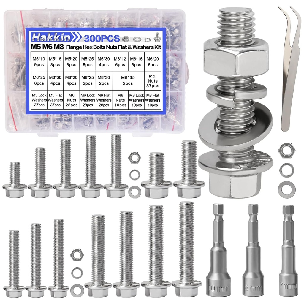300pcs M5 M6 M8 Flanged Hex Head Bolts and Nuts Assortment Kit (10mm to 35mm), M5-0.8 M6-1.0 M8-1.25 Metric Nuts Screws Flat & Lock Spring Washer 304 Stainless Steel, Hex Socket Included