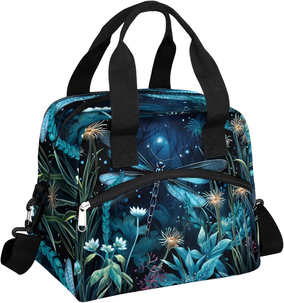 Dragonfly Lunch Bag Spring Flower Moon Lunch Bag Reusable Lunch Box Leak Proof Cooler Bag With Adjustable Shoulder Strap