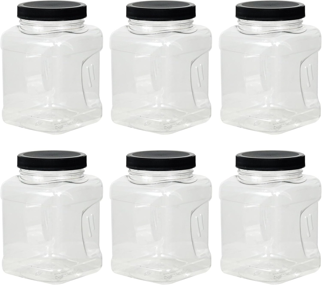 16 Fluid Ounce Square Jar with Handle & Black Lid (Pack of 6), Pantry Organization & Storage, Plastic Storage Container with Lid