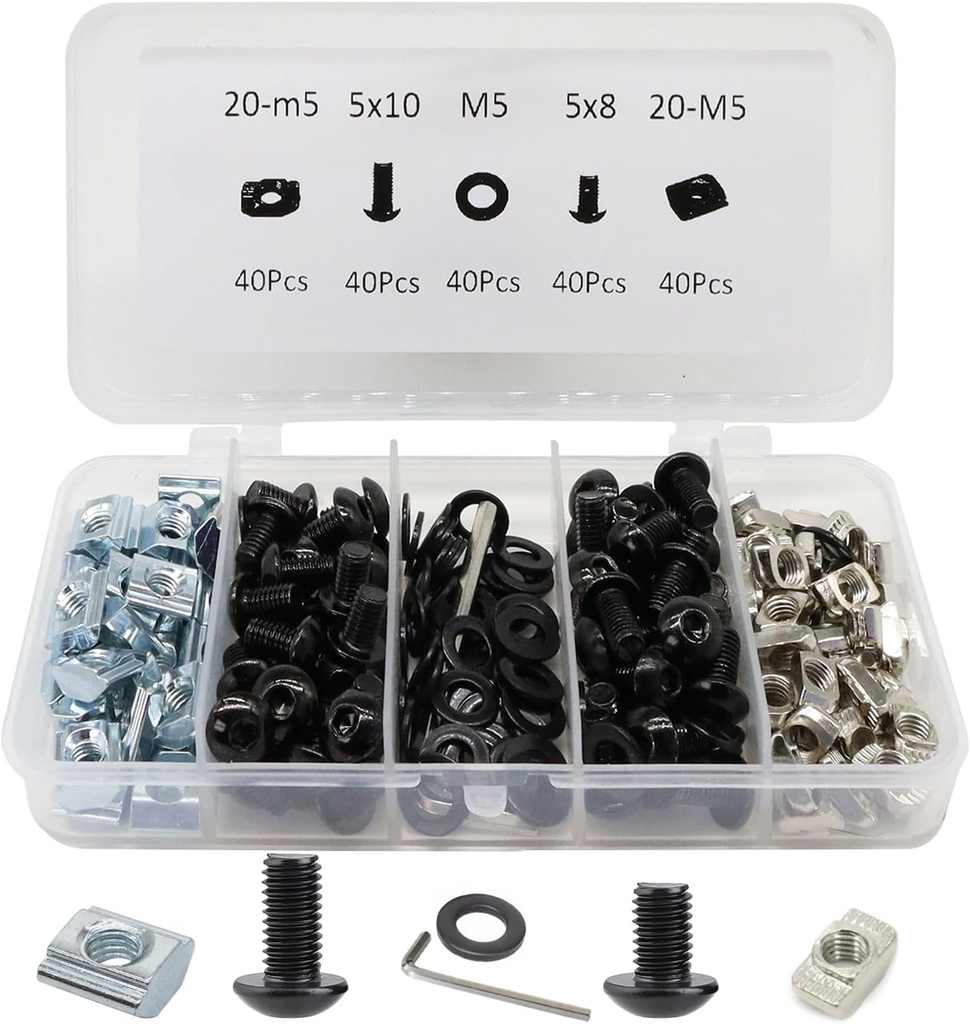 200Pcs 2020 Aluminum Extrusion M5 T Slot Nuts and Bolts Screws 20 Series Extruded Hardware Drop in T Nut Slide Nut M5x8 10mm for 20/20 80 20 2040 T V Slot Black Aluminum Profile Accessories