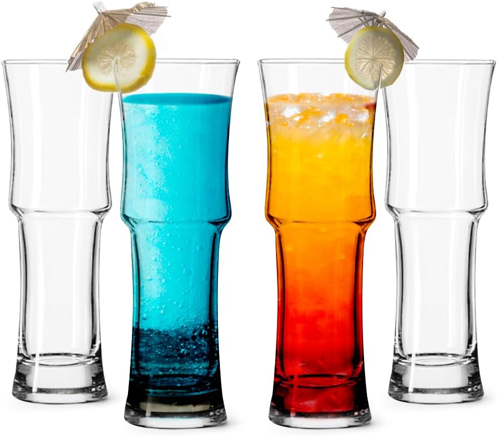 LEMONSODA Tall Napoli Hurricane Cocktail Glasses - 15oz Set of 4 - Highball Glasses for Beer, Juice, Iced Teas - Premium Packaging