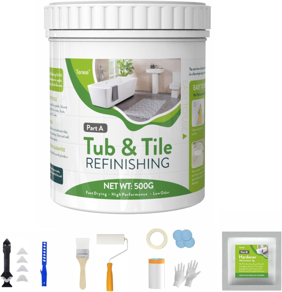17oz White Tub and Tile Refinishing Kit with 8 Tools, Semi-Gloss Tub and Tile Paint for Bathroom, Low Odor Bathtub Refinishing Kit for Fiberglass, Kitchen, Shower, Sink