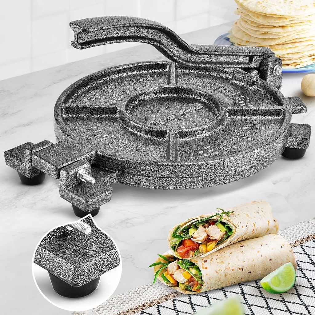 ARC Tortilla Press 10.4" Include 100 Pcs Parchment Paper, Cast Iron Tortilla Maker, Black Gray