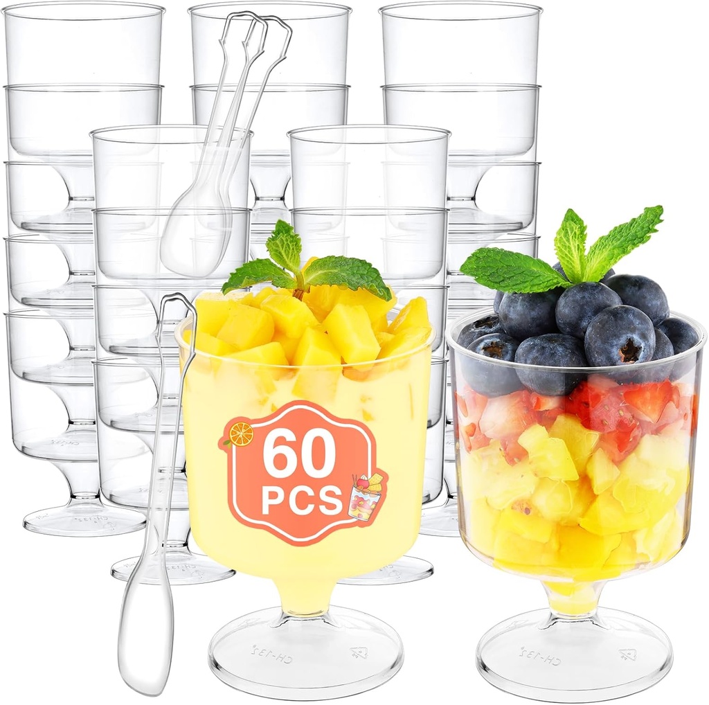 Eupako 5 OZ Mini Dessert Cups with Spoons 60 Pack - Clear Plastic Parfait Cup Small Round Dessert Goblet Cups for Desserts, Appetizers, Puddings, Mousse, Fruit