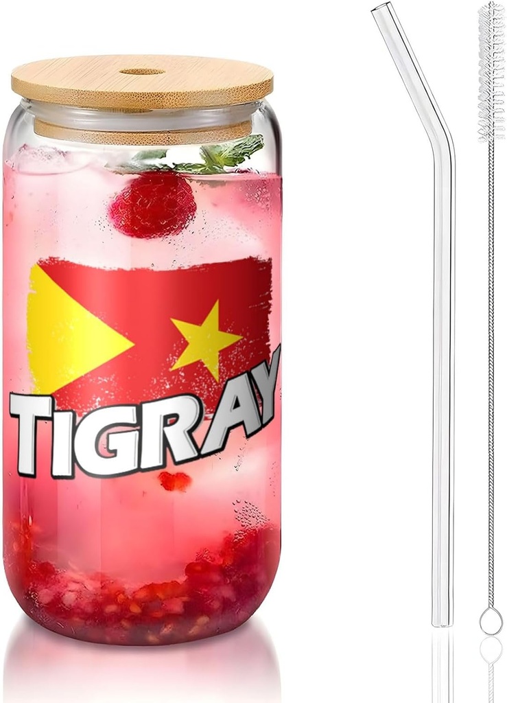 Tigray In My Heart Tigray Inside Me Tigray Flag 16 Oz Drinking Glasses With Bamboo Lids,Glass Straw And Cleaning Brushes Glass Tea Cup For Iced Coffee,Smoothie,Cocktail,Beer,Whiskey,Soda,Matcha