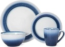Pfaltzgraff Eclipse Blue 16-Piece Stoneware Round Dinnerware Set, 1 inch dinner plate, 8 inch salad plate, 6 inch soup cereal bowl (26 ounce) and 14 ounce mug, Blue/White