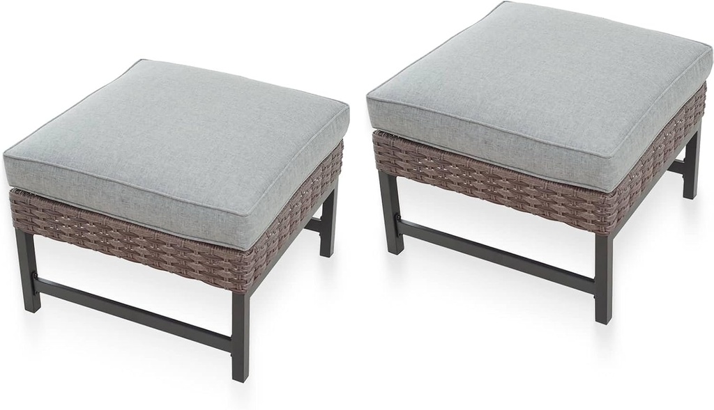 Patio Ottomans Set of 2 Wicker Foot Stools Outdoor Ottoman Footstool with 4" Thick Grey Cushion Metal Frame, 23.6" W x 23.6" D x 17.3" H