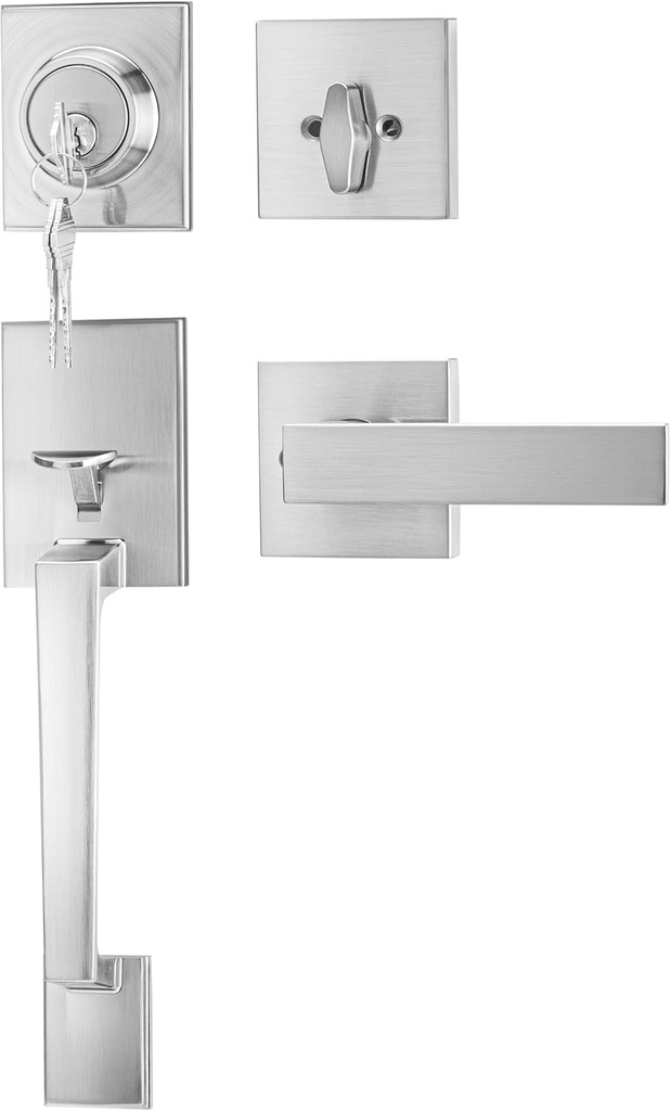 goldenwarm Front Door Handle and Deadbolt Set, Brushed Nickel Front Door Lock Set with Reversible Handle Lever, Modern Front Door Hardware, Front Door Handles and Locks