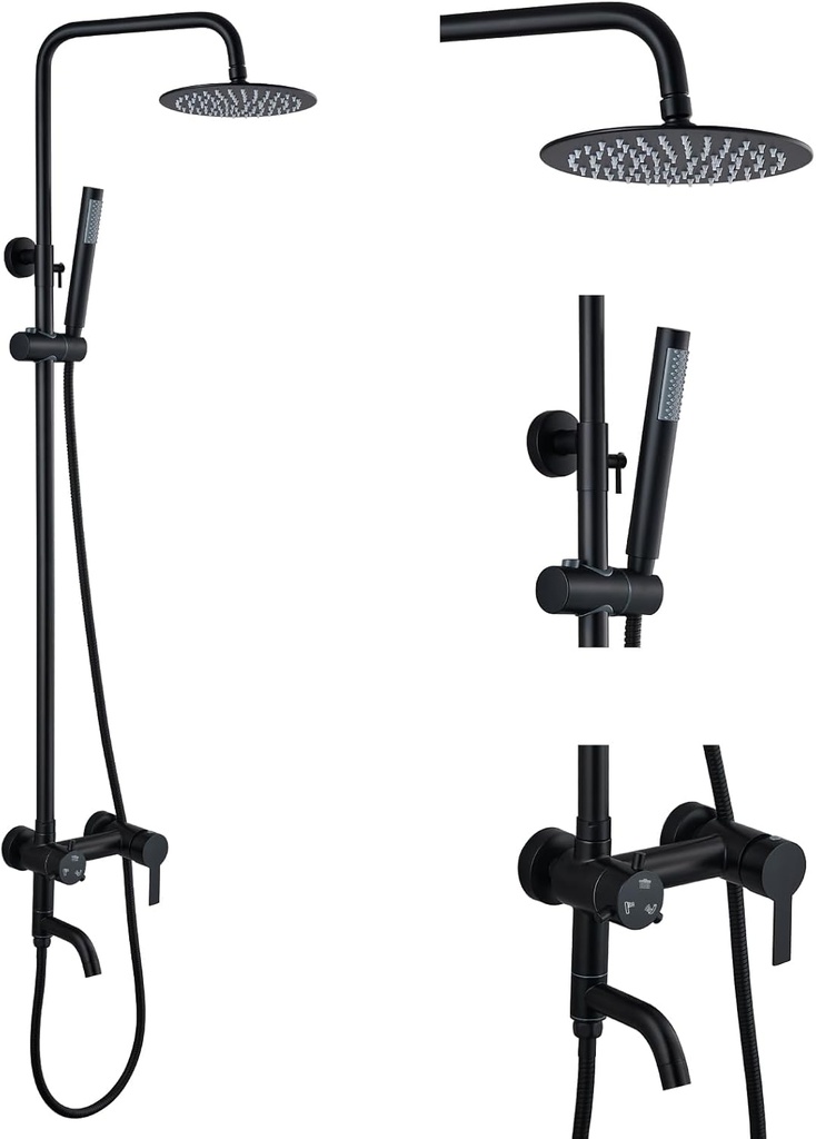 gotonovo Shower System Set with Hand Sprayer and Tub Spout Stainless Steel Matte Black Cylinder Handle 8 Inch Rainfall Shower Head Bathroom Shower Faucet Fixture Wall Mount Triple Function