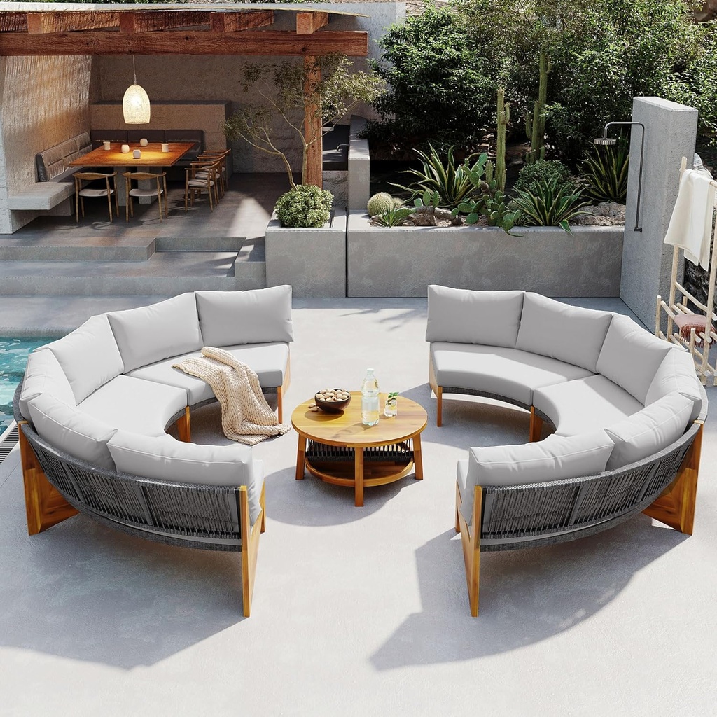 8 Pieces Outdoor Half Moon Sectional Sofa Conversation Set, Acacia Wood Patio Furniture Set with 2 Semicircular Table, Woven Rope Design and Cushions, Curved Half Moon Seating Group Sofa Set (Gray)