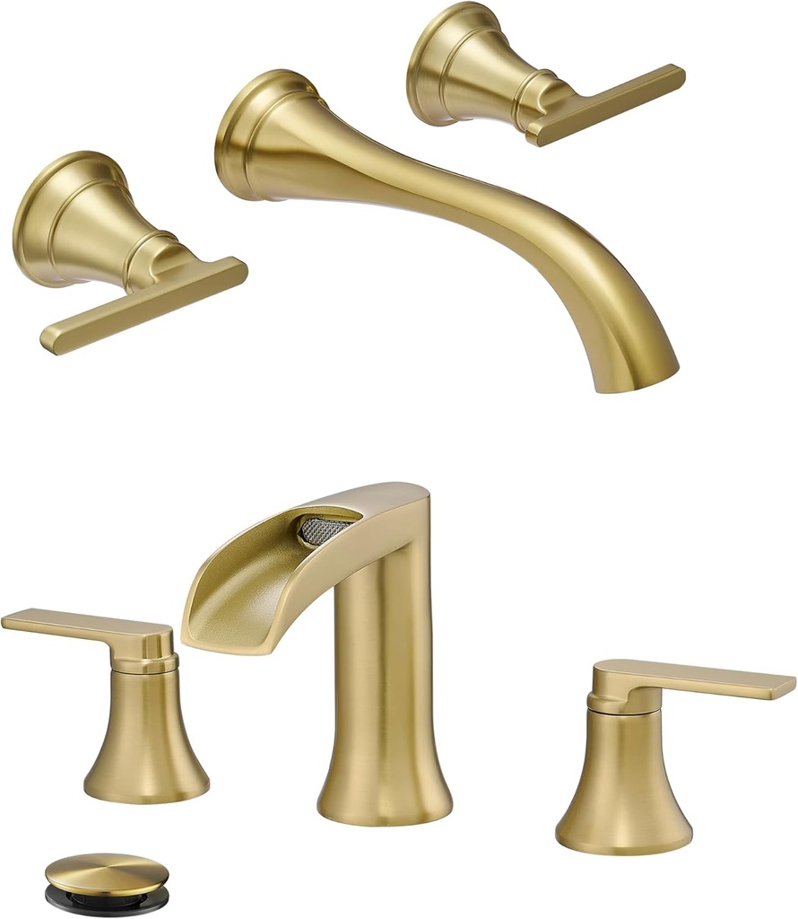 Gold Tub Filler Wall Mount 3 Hole, Farmhouse 2 Handle Bathtub Faucet Set with Long Spout Reach, Widespread Bathroom Sink Faucet 3 Hole, 8 Inch Waterfall Faucet for Bathroom Sink with Drain