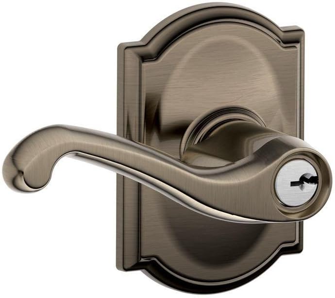 Schlage F51A FLA 620 CAM Flair Lever with Camelot Trim Keyed Entry Lock, Antique Pewter