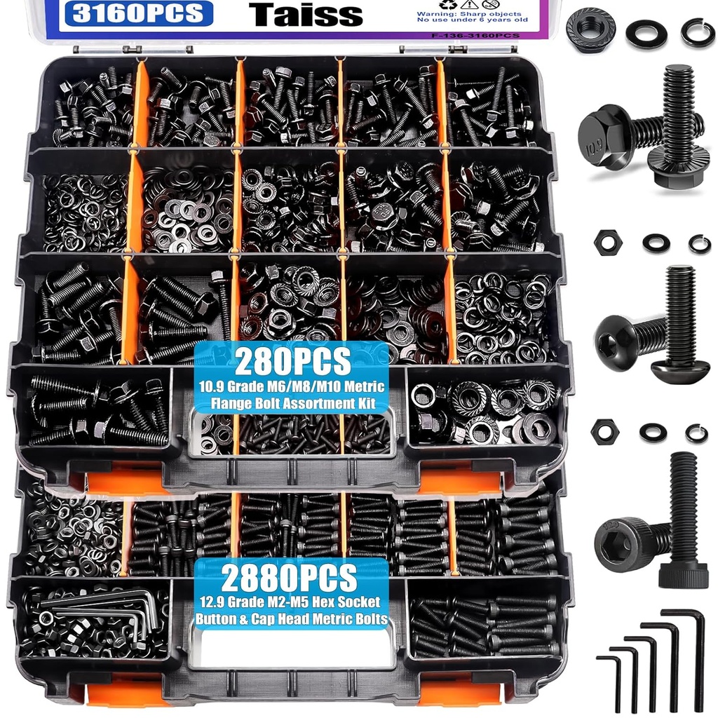 Taiss 3160PCS Metric Flange Bolt Assortment Kit,Nuts and Bolts Assortment Kit M2 M3 M4 M5 M6x1.0 M8x1.25 M10x1.5 Bolt(4-45mm)42 Sizes Hex Socket Button & Cap Head Metric Screw 10.9 Black Zinc Plated