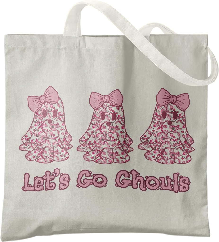 Pink Halloween Canvas Tote Bag,Pink Ghouls Bows Tote Bag,Lets Go Ghouls Canvas Bag,Halloween Tote Bag Gifts for Women,Halloween Canvas Bag Reusable Grocery Bags Shopping Bags