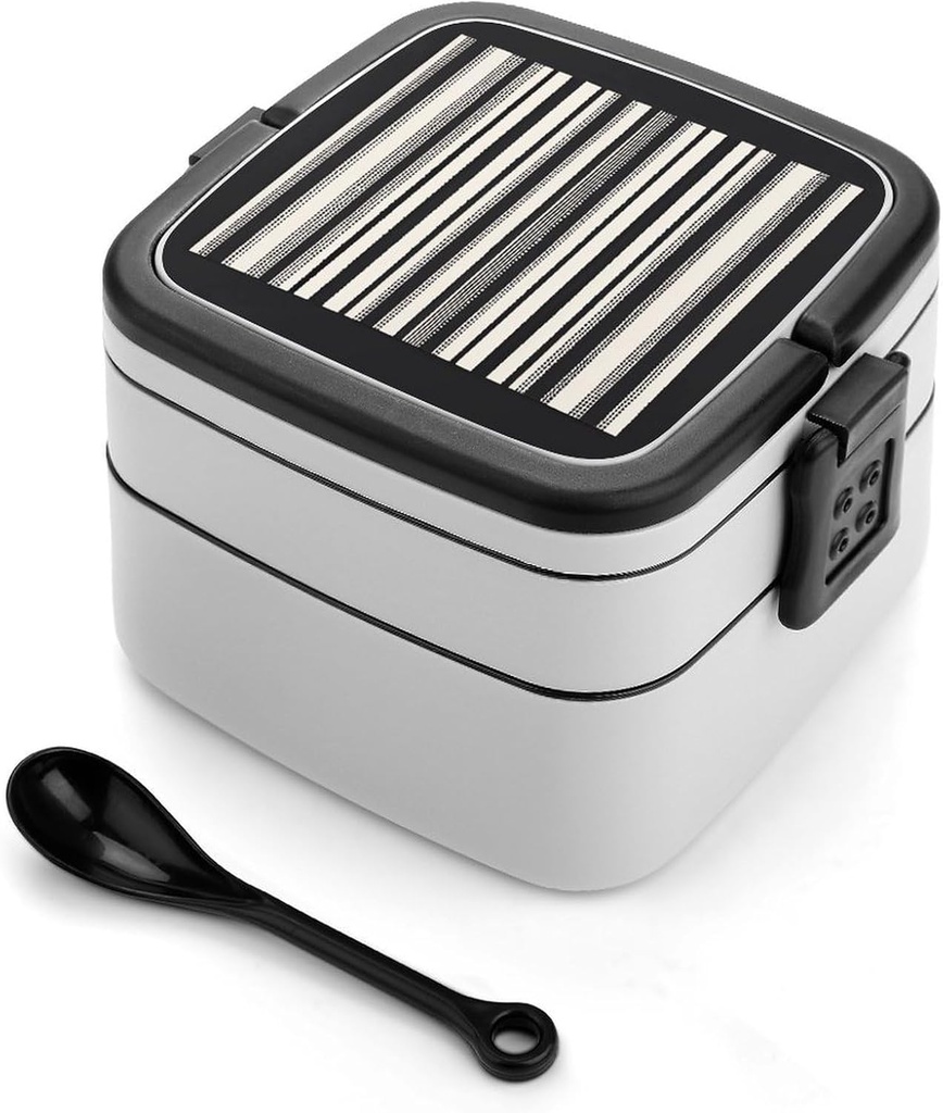 Bento Box Stackable Lunch Box with 2 Compartments Leak-Proof Food Storage Containers Black And White Stripes Bento Lunch Box for Adults Lunch Containers with Utensil Set