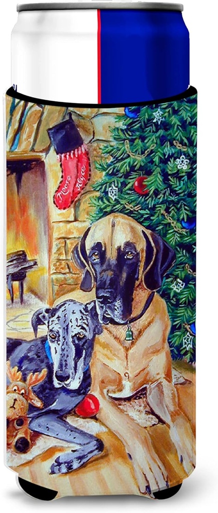 Fawn and Blue Great Dane waiting on Christmas Ultra Beverage Insulators for slim cans