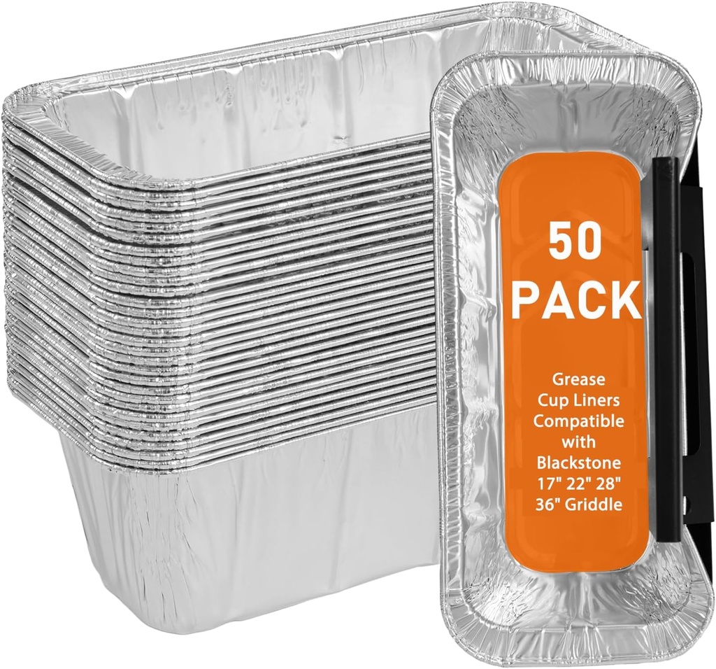 50-Pack Grease Cup Liners Compatible with Blackstone 5017 Griddle, Aluminum Foil Drip Pan Griddle Accessories Grease Catcher Cup Liner for 17, 22, 28, 36 Inch, Disposable Grill Grease Trays