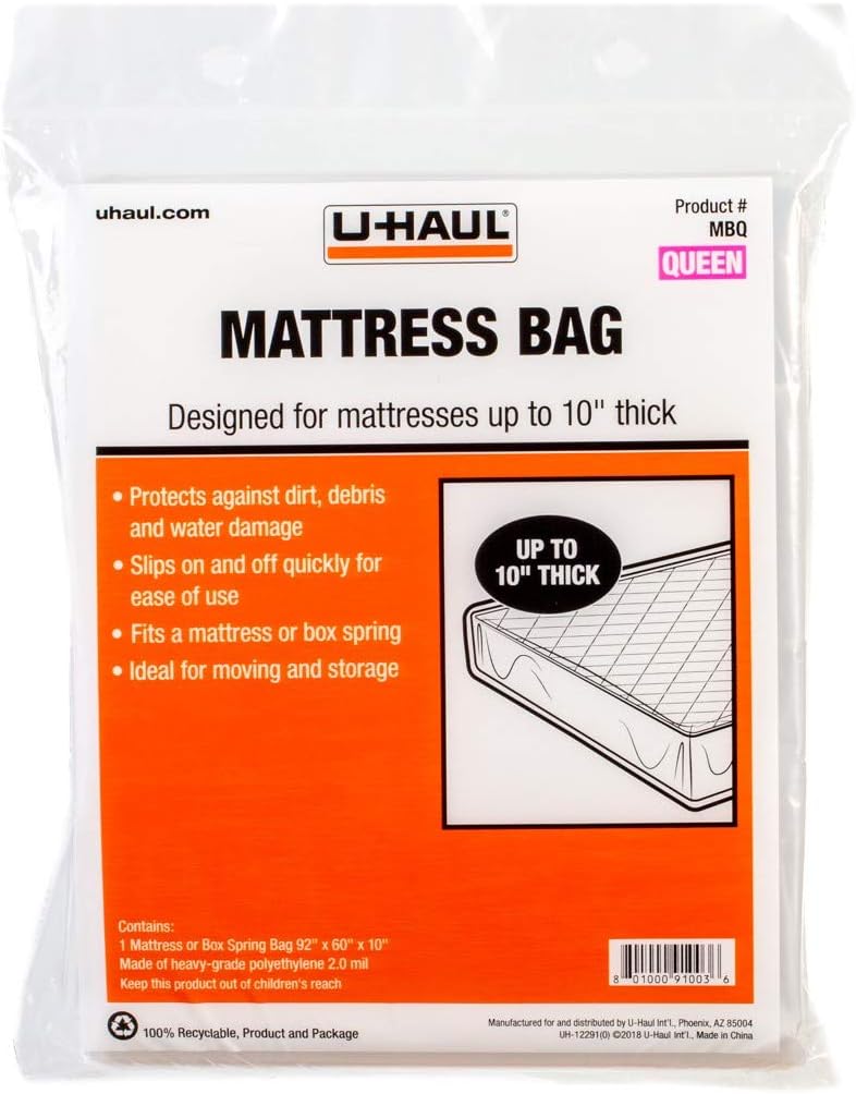 U-Haul Standard Queen Mattress Bag – Moving & Storage Cover for Mattress or Box Spring – 92" x 60" x 10"