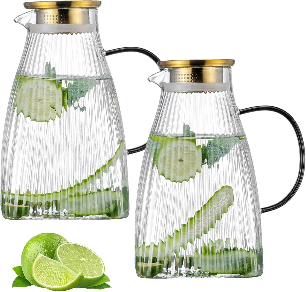 Glass Pitcher with Lid,2 PACK Large 84 OZ Classic Vertical Stripes Water Pitcher for Fridge Glass Water Carafe for Cold Brew, Coffee, Lemonade, Sun Tea, Beverage, Heat Resistant Water Glass Jug