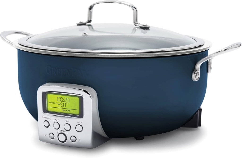 GreenPan Elite Essential Smart Electric 6QT Skillet Pot, Presets to Sear Saute Stir-Fry and Cook Rice, Healthy Ceramic Nonstick and Dishwasher Safe Parts, Easy-to-use LED Display, Oxford Blue