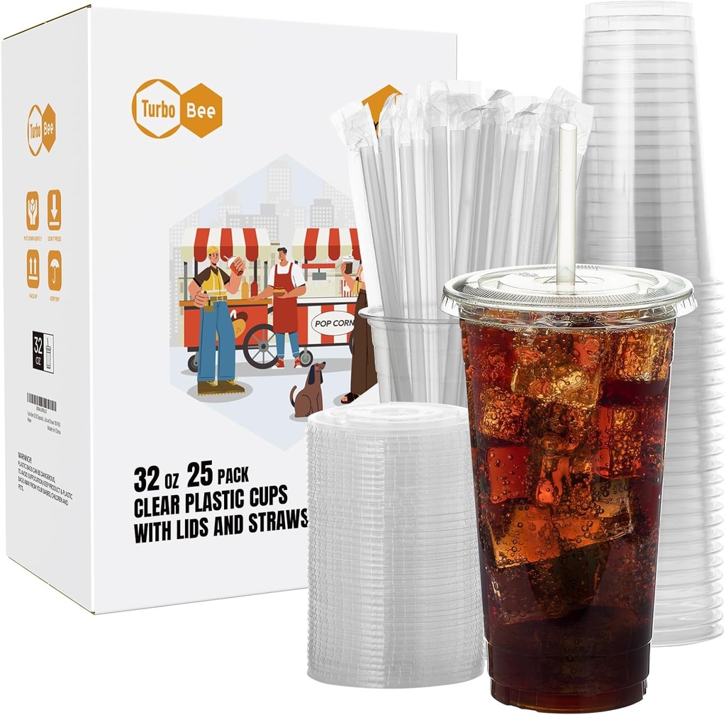 Turbo Bee 25 Sets 32 OZ Clear Plastic Cups with Lids and Straws, Disposable To Go Iced coffee cups with lids for Cold Drinks, Smoothie, and Slushie