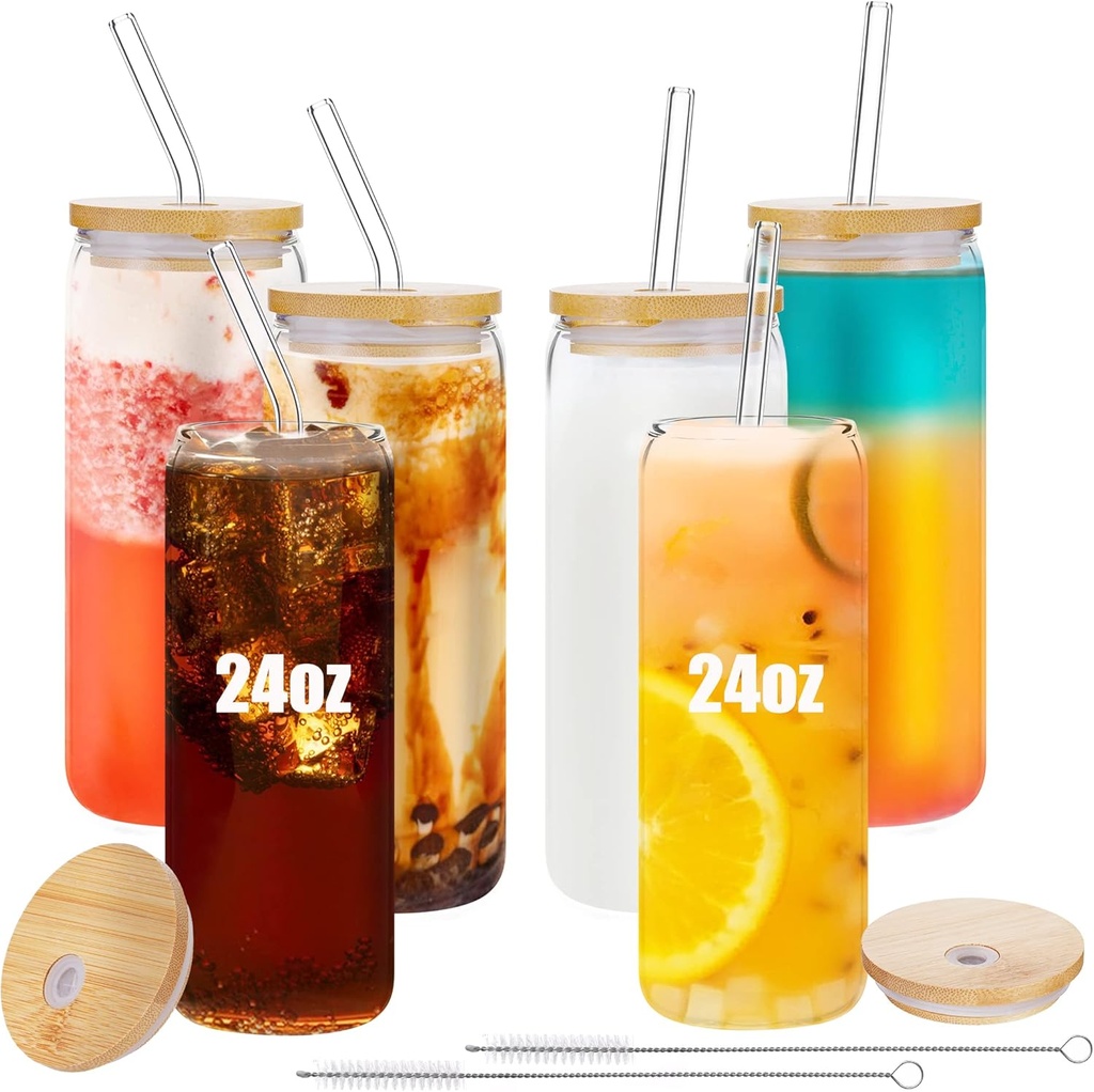 6 Pack 24oz Drinking Glasses Iced Coffee Cups Can Tumbler Glasses with Bamboo Lids and Straws Tumbler Glasses Cups Can Shaped Glass Gups Large Drinking Can Cups for Boba Smoothies Soda Juice Tea