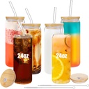 6 Pack 24oz Drinking Glasses Iced Coffee Cups Can Tumbler Glasses with Bamboo Lids and Straws Tumbler Glasses Cups Can Shaped Glass Gups Large Drinking Can Cups for Boba Smoothies Soda Juice Tea