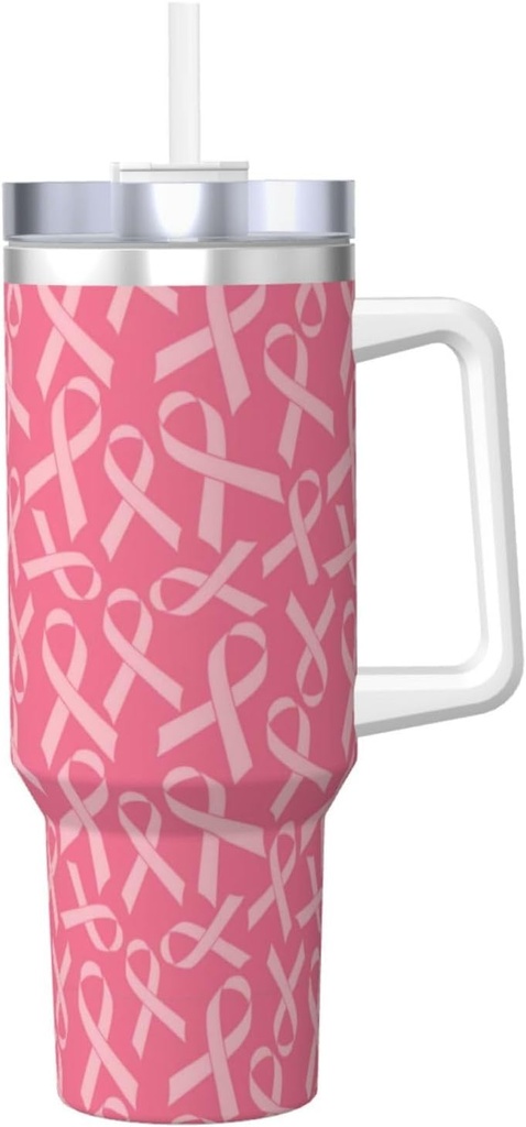 Breast Cancer Awareness 40 Oz Tumbler With Handle And Straw Lid, Insulated Reusable Stainless Steel Travel Mug Iced Tea Or Coffee, Smoothie And More
