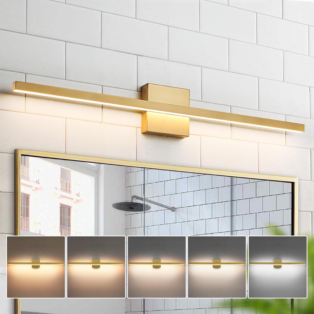 Gold Vanity Lights for Bathroom - 31.5 inch Brushed Gold Bathroom Light Fixtures Over Mirror 22W LED Dimmable Wall Sconce Lighting Fixture 5CCT Vanity Light Bar for Bathroom Bedroom