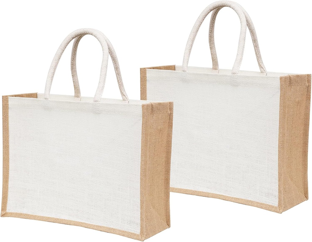 2 Pcs White Burlap Tote Bags with Handles, Large 15.8"x11.9"x5.9", Reusable Jute Tote Bridesmaid Gift Bags for Beach, Shopping, Weddings & DIY Crafts by Yogi’s Gift®