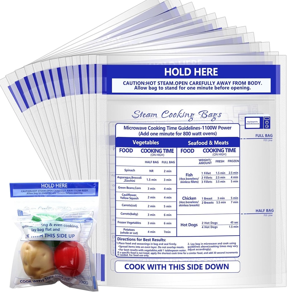 100 Pcs Zipper Steam Bags Reusable Microwave Steamer Cooking Bags Frozen Food Microwave Steam Bag for Vegetables Potatoes Meat (100)