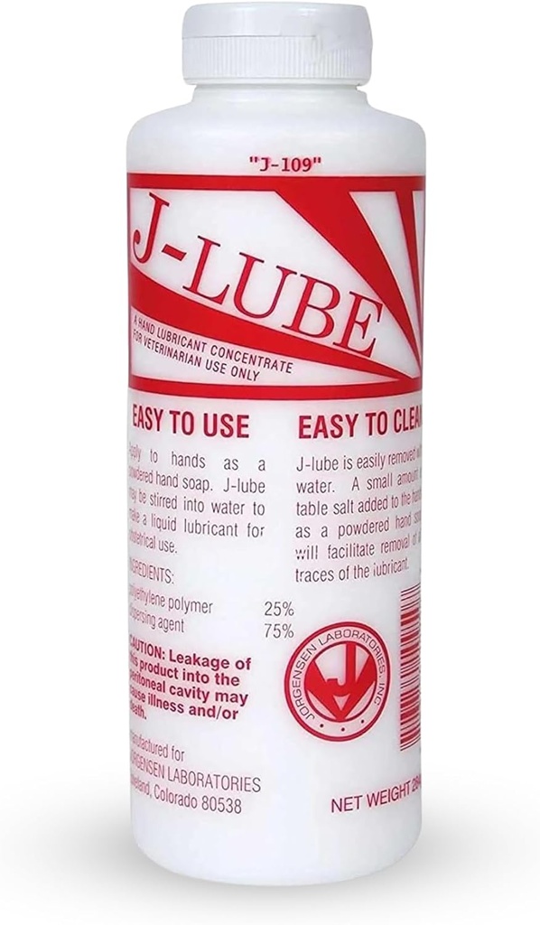JorVet J-Lube Powder Lubricant | Easy-Mix Formula, Non-Irritating & Mess-Free | 10oz Bottle Makes 6-8 Gallons | Trusted for Veterinary & Obstetrical Use | Safe, Smooth & Easy to Clean | Red White