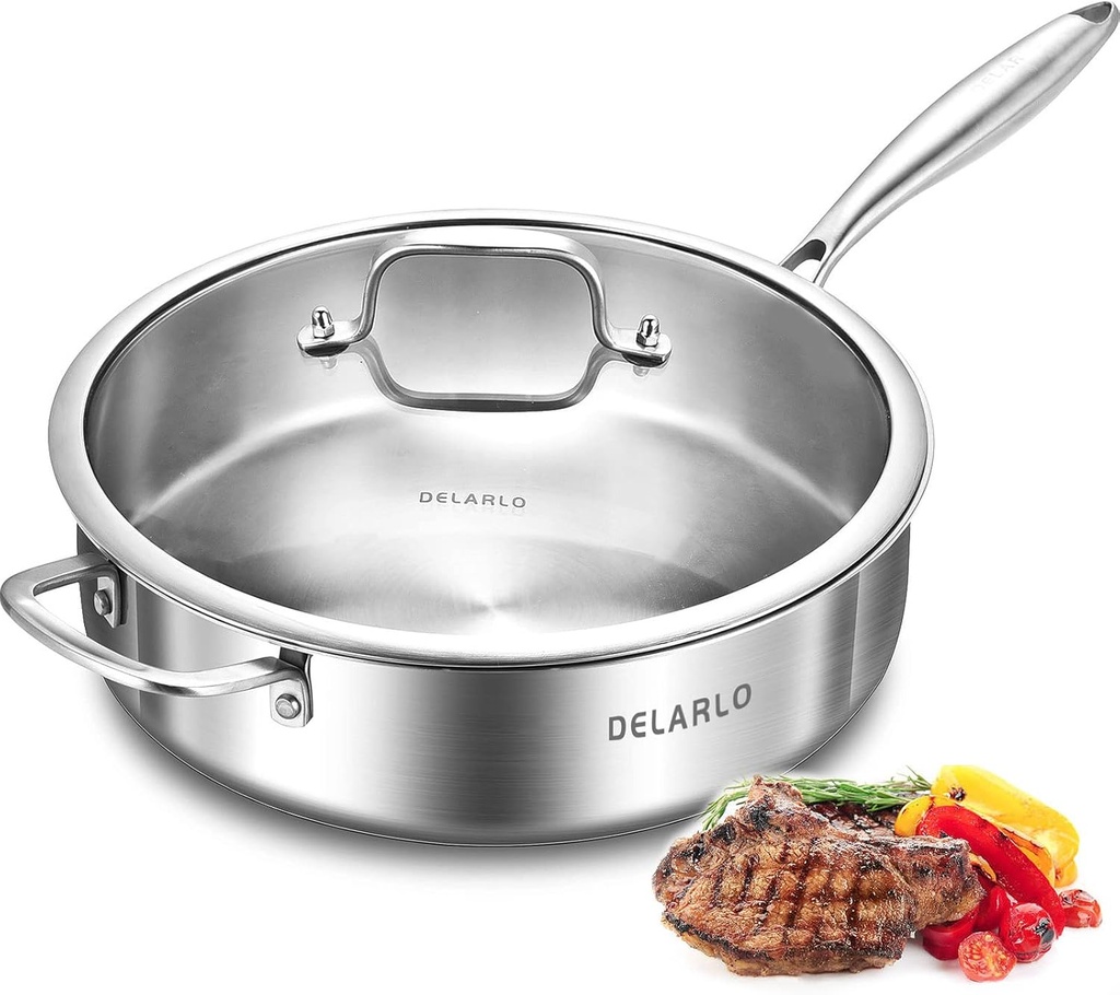 DELARLO Tri-Ply Stainless Steel Frying Pan,12 inch Skillet with Lid,6 Quart Saute Pan,Compatible with All Cooktops,Oven Up to 660℉,Chicken Fryer,Dishwasher-Friendly