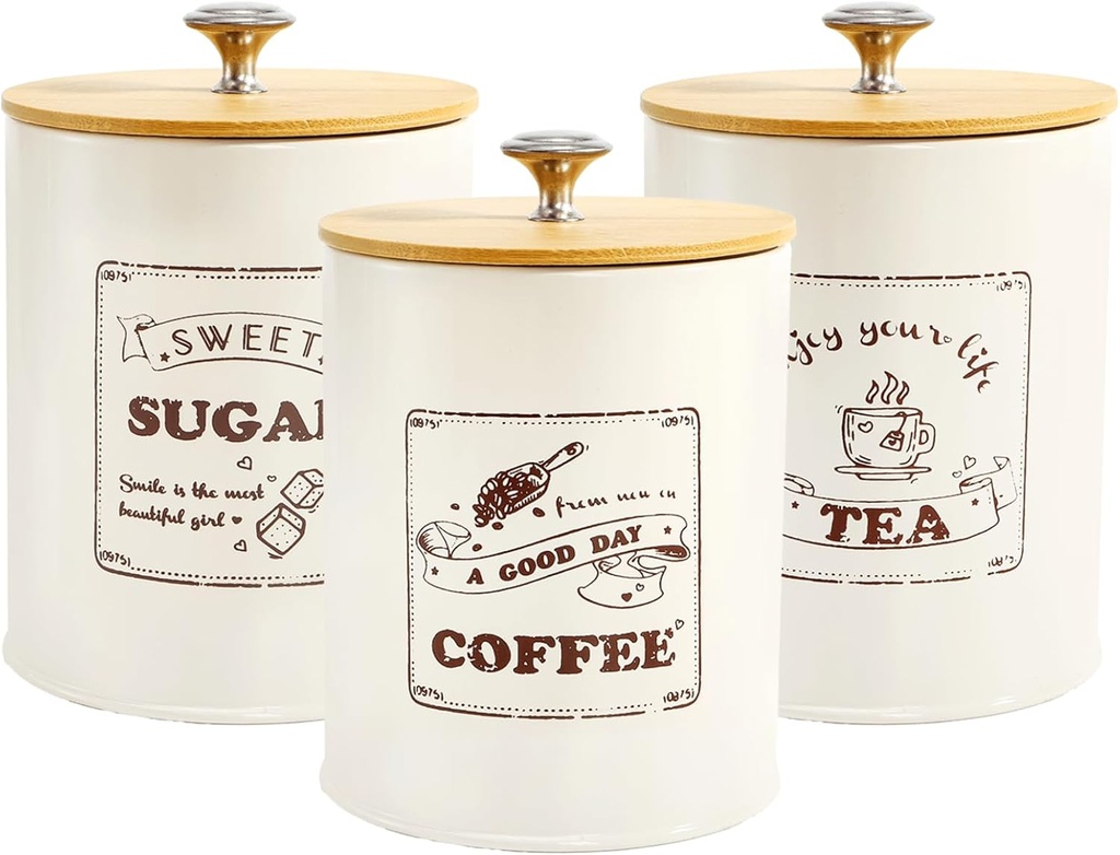 Youeon Metal Canisters Sets for the Kitchen, 40 Oz Coffee Sugar Tea Container Set, Farmhouse Style, Food Storage Containers with Lids for Countertop, Cabinet, Coffee Bar Decor, Beige