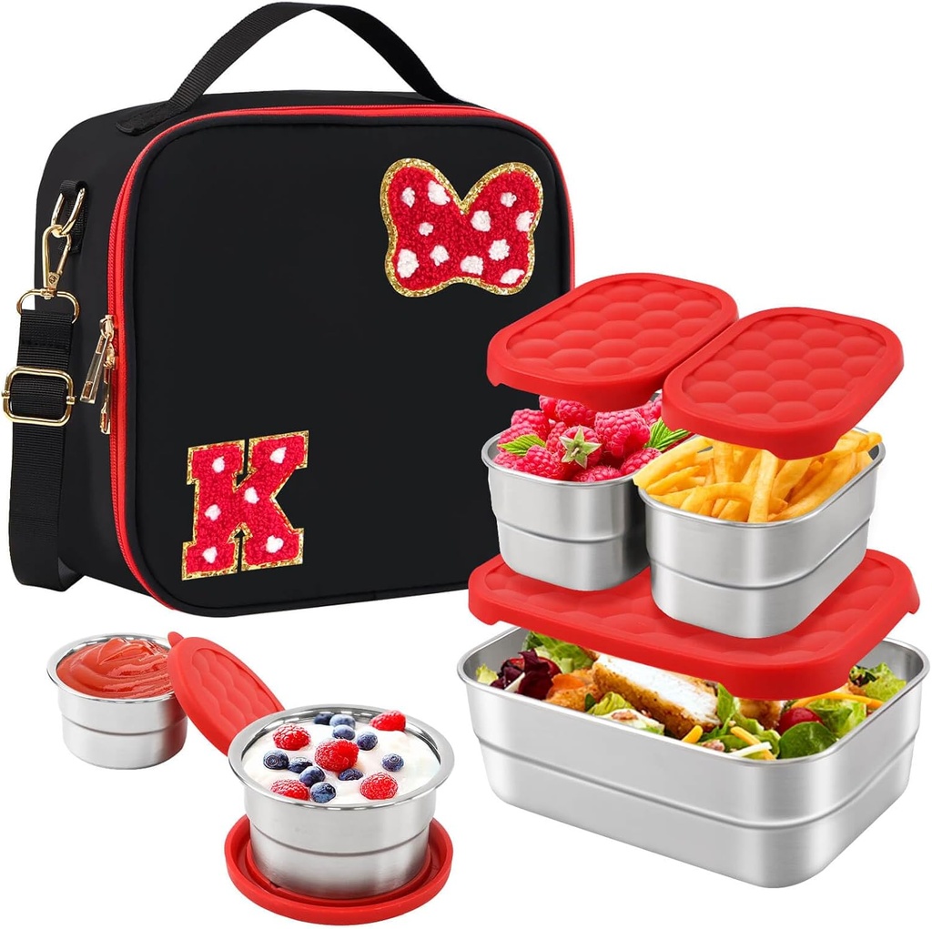 Insulated Lunch Box Set, Bow Mouse Preppy Initial Lunch Bag With Stainless Steel Bento Box, Cooler Snack Food Containers Back To School Gift Girls Teens Kid Women For Picnic Park Work Travel Black K