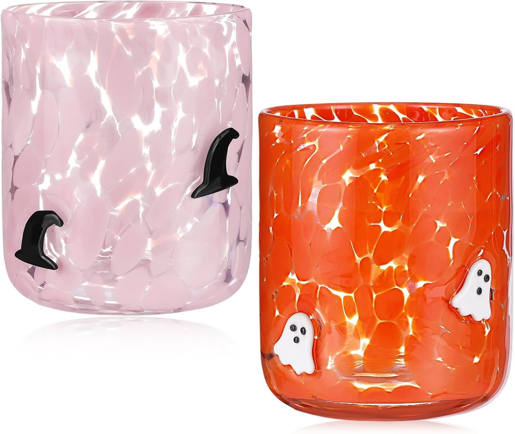 Yoiemivy 2 Pack Halloween Icon Juice Glasses 14 oz Double Old Fashioned Icon Handblown Stemless Wine Glasses Cute Ghost Glass Drinking Cups for Halloween Fall Party Supplies