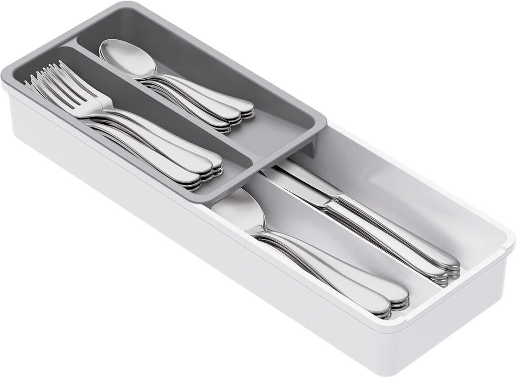 Lifewit Compact Silverware Organizer for Kitchen Drawer, Narrow Flatware Tray Holder, Plastic Cutlery Spoons, Forks and Knives Storage, White&Gray, 1 Pack