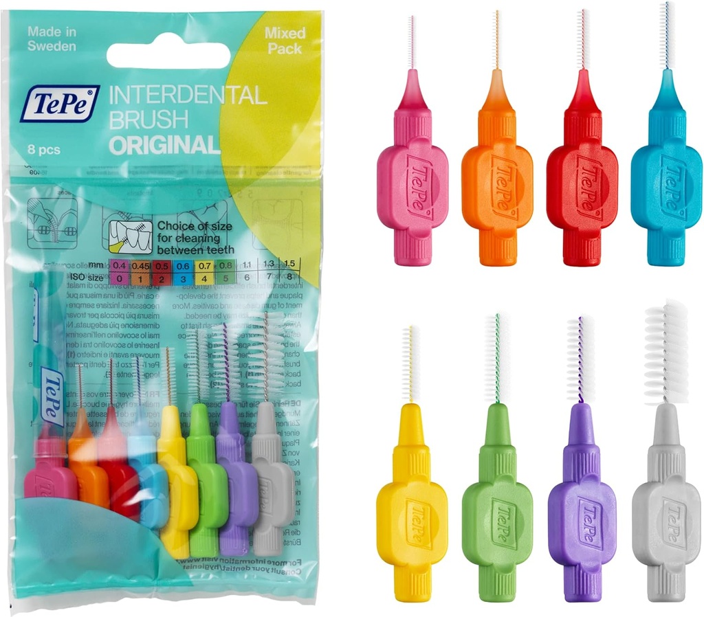 TePe Pack of 8 Interdental Brush Original, Soft Dental Brush for Teeth Cleaning, Mixed Pack