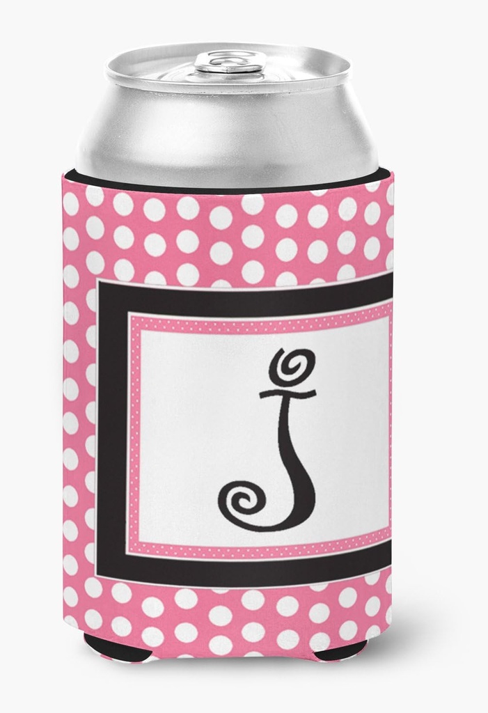 Letter J Initial Monogram - Pink Black Polka Dots Can or Bottle Beverage Insulator Hugger
