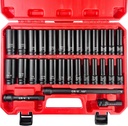 29pcs 1/2" Socket Set, Drive Deep Impact Socket Set, Including 3 ", 5", 10" Impact Extension Bar, Standard SAE (3/8 "- 1") and Metric (10mm-24mm), Cr-V Steel
